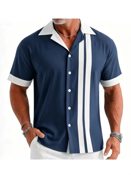 Men's Navy White Vintage Bowling Stripe Short Sleeve Shirt, Casual Sports Shirt, Comfortable and Breathable Summer Shirt