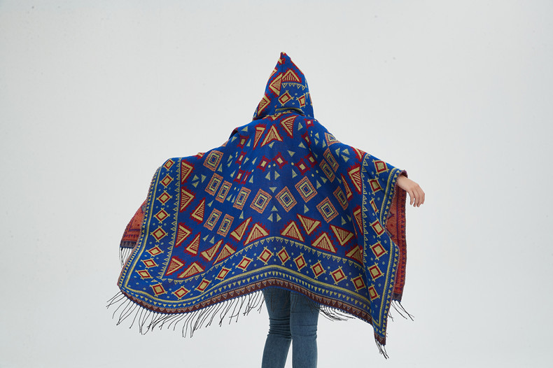 Unisex Hooded cape Winter travel jacquard fringed shawl for women_viptrois.com