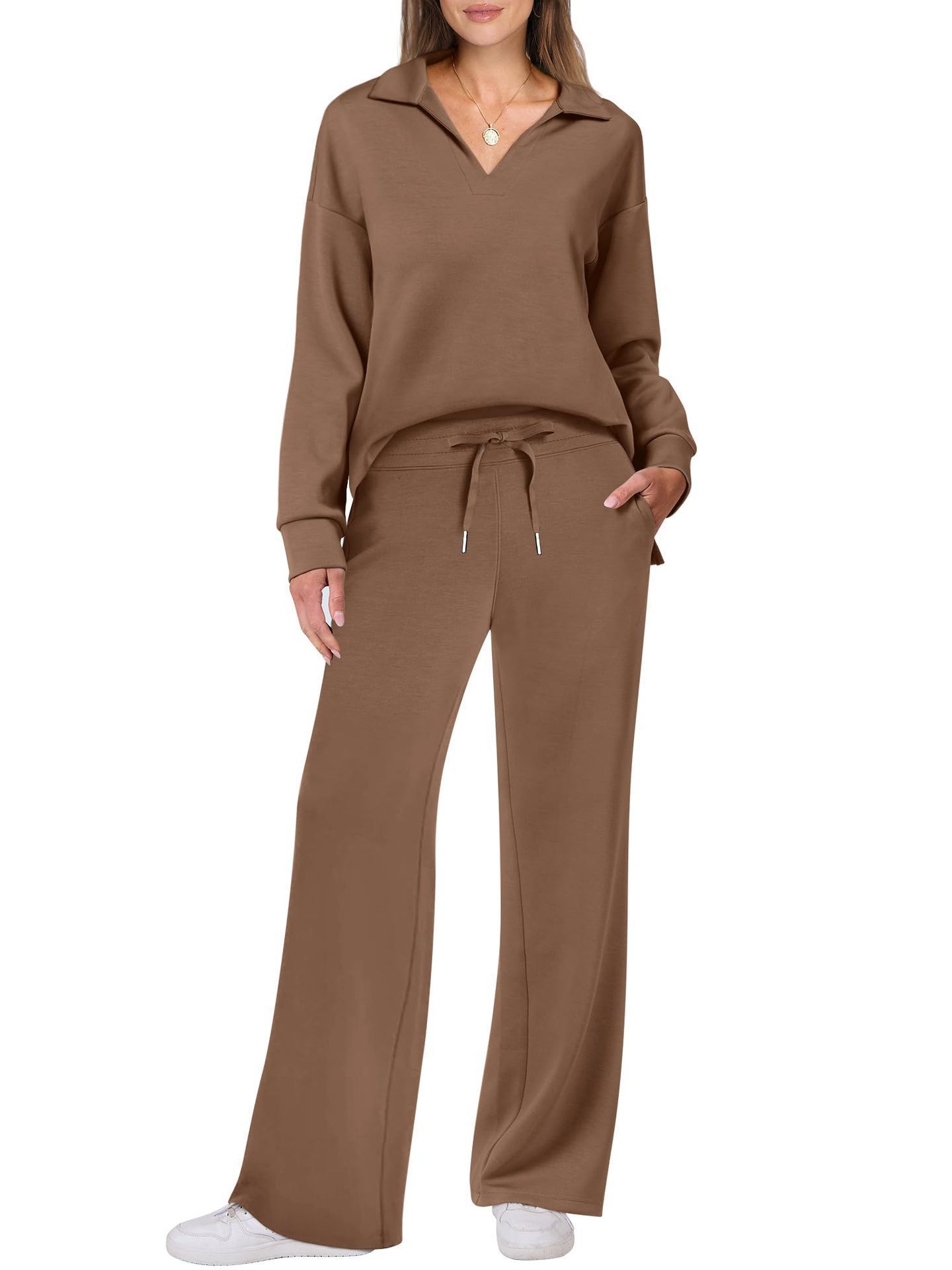 Women's Tracksuit Sports Suit V-neck Long-sleeved Pullover Top And Drawstring Straight-leg Trousers Casual Solid Trousers Set