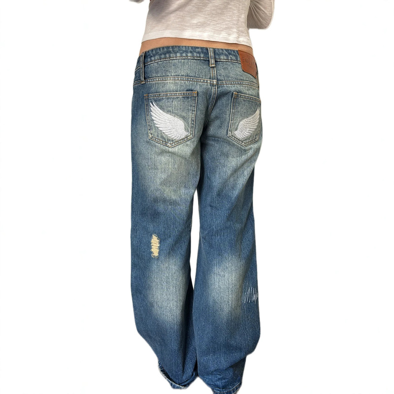 Cross-Border Independent Site Amazon 2026 New Style Street Angel Wings Ripped Washed Vintage Straight-Leg Jeans for Women Cross-Border Independent Site Amazon 2026 New Style Street Angel Wings Ripped Washed Vintage Straight-Leg Jeans for Women