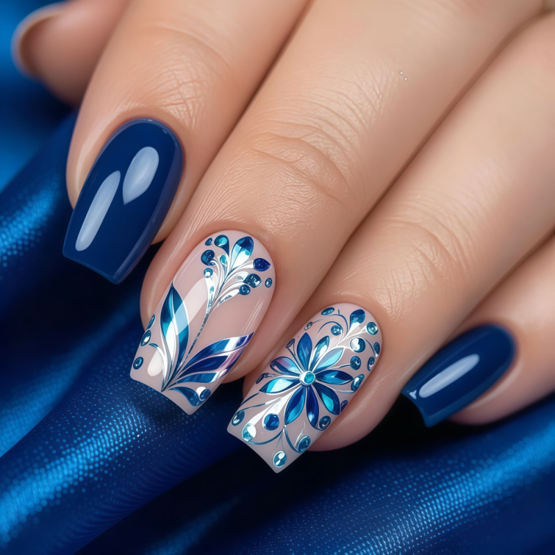Royal Blue Floral Square Press-On Nails, Glossy Light Luxury Acrylic False Nails, Reusable Nail Art Tc-51