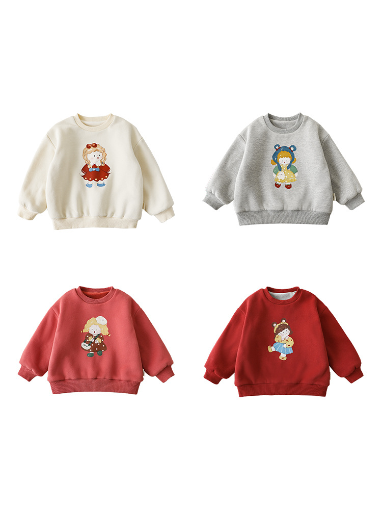 Qiuduo cute girls' cartoon printed sweater autumn and winter new children's Korean style fleece-lined casual top baby clothes
