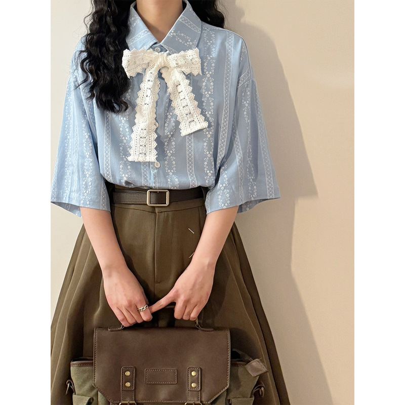 Japanese Retro Literary Sweet Striped Jacquard Lace Tie Short-Sleeve Shirt for Women 2025 Summer Loose Casual Top