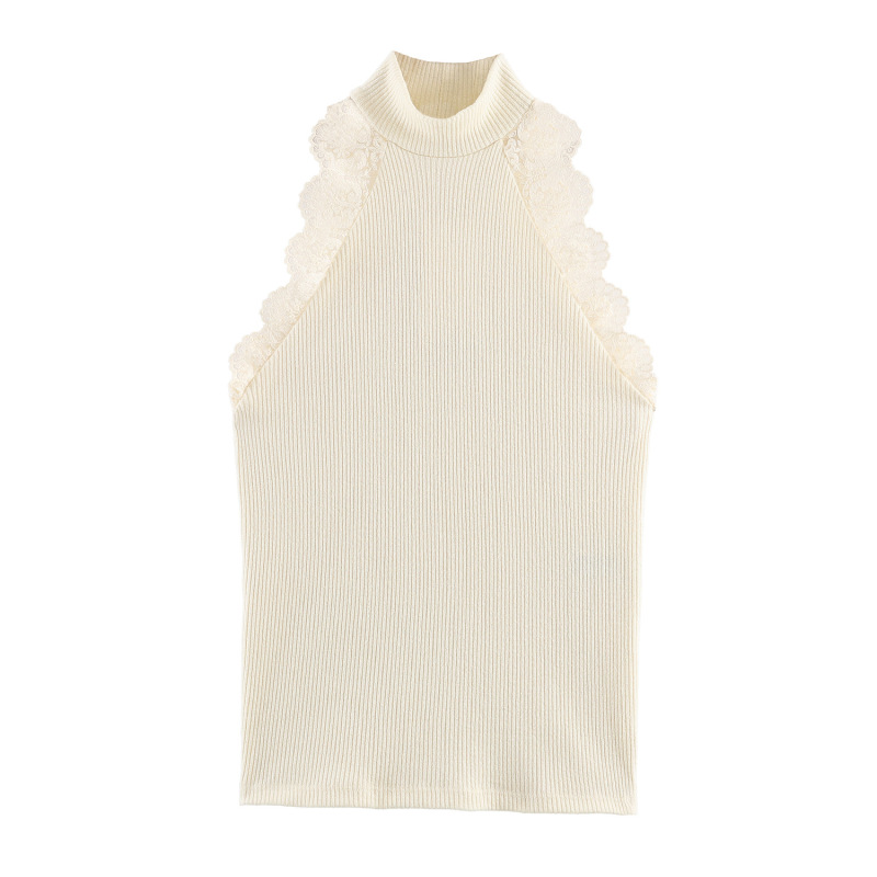 2026 Summer Stand Collar Beige Knitted Sleeveless Lace European and American Style Women's Vest 2026 Summer Stand Collar Beige Knitted Sleeveless Lace European and American Style Women's Vest