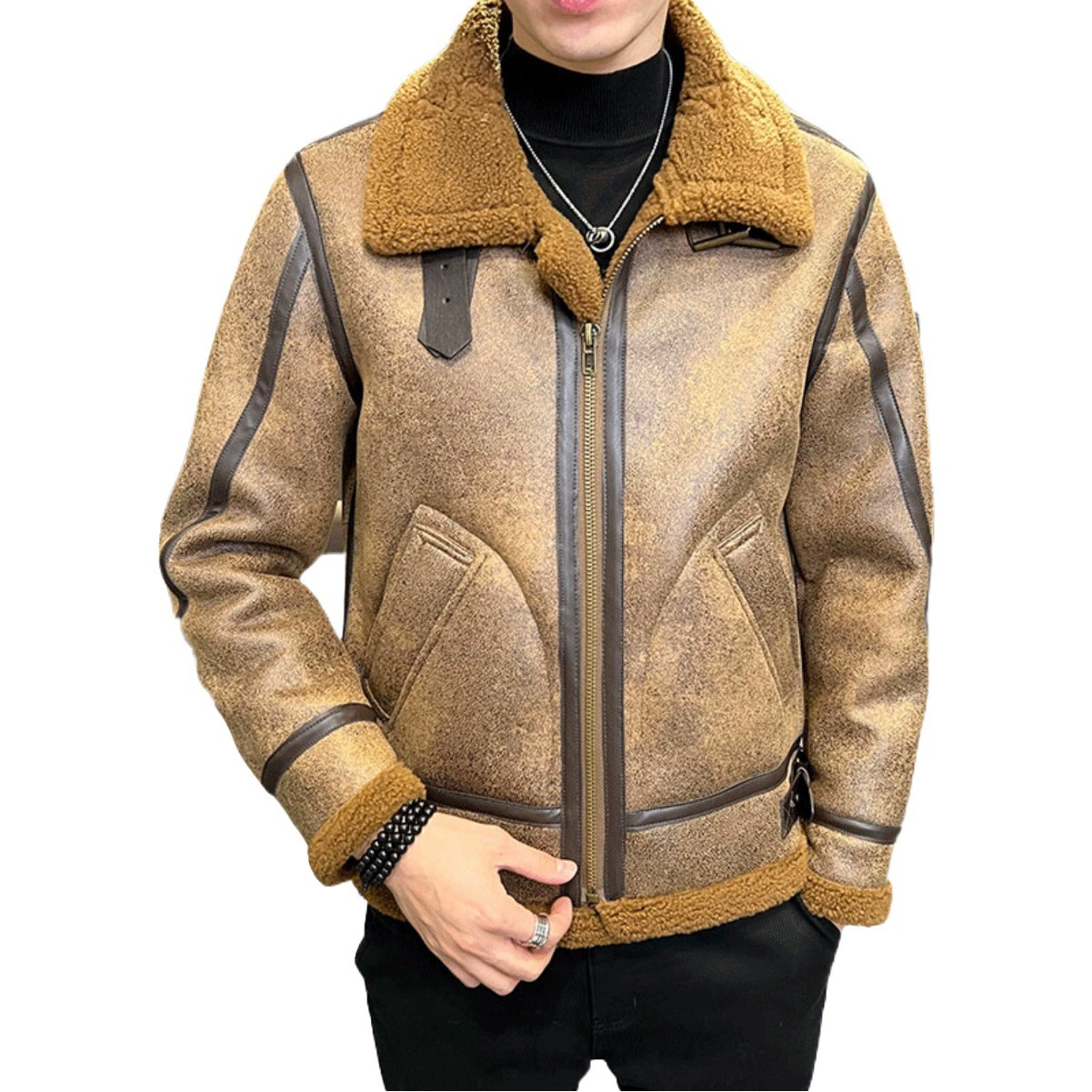 Мужская зимняя куртка из овчины 2024 года, новая, с отложным воротником из овечьей шерсти, хлопковая куртка, мужская мотоциклетная куртка на флисовой подкладке, толстая кожаная куртка