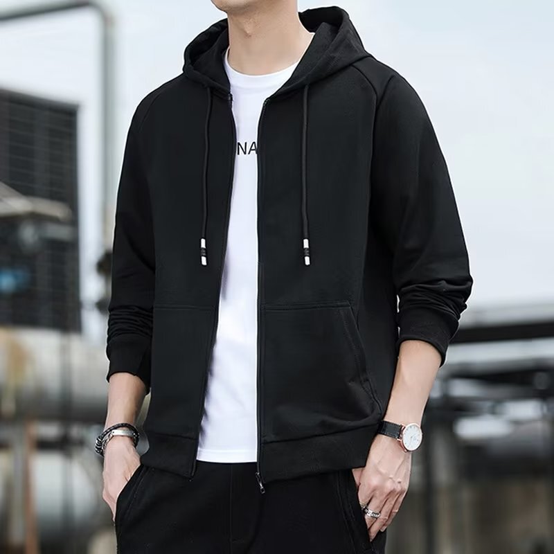 Sweatshirt Men's Hong Kong Style Thin Loose Casual Long-Sleeved Cardigan Student Pure Color Hooded Jacket Spring Autumn Winter Velvet Jacket