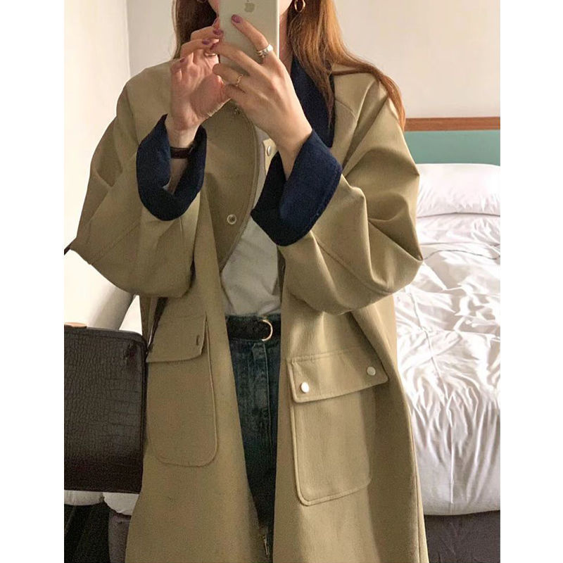 カーキ色のトレンチコート女性2025年春秋新商品今年流行中ミディアムコート小柄デザイン感|undefined