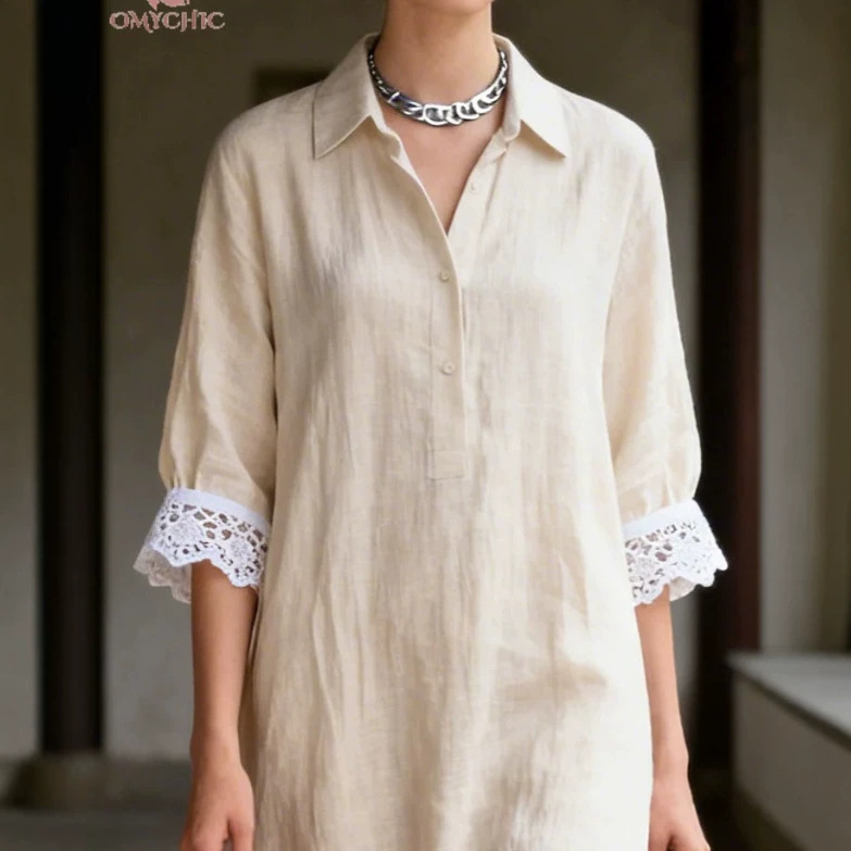 Elegant Beige Tones, Peter Pan Collar Design, and Lace Patchwork Long Dress, Perfect for Summer Wear Elegant Beige Tones, Peter Pan Collar Design, and Lace Patchwork Long Dress, Perfect for Summer Wear