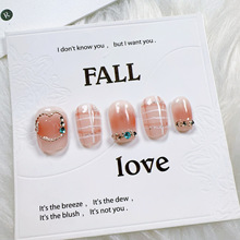 秋冬亮面ins日常新款金美甲格纹穿戴甲欧美拆卸点钻晕染纯欲款