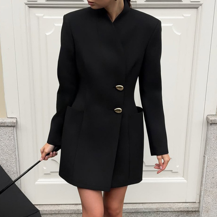 European and American Autumn and Winter Niche Design Black V-Neck Long-Sleeved Waist Short Dress Women's Work Clothing Elegant Suit Skirt