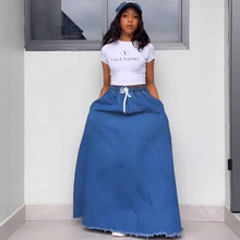 欧美女式牛仔半身裙亚马逊跨境女装时尚水洗纯色抽绳高腰荷叶长裙