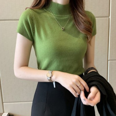 韓国版の半高襟の半袖のニットの女性の夏の新型の気質の底のシャツの修身はやせている短い上着のtシャツを現します。