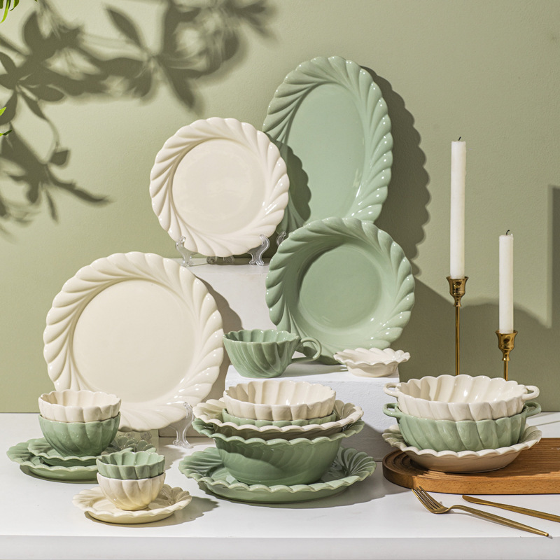 Serie de platos de primavera conjuntos de cubiertos de cerámica de estilo doméstico esmaltado cuenco de arroz de color lujoso cerámica moderna transfronteriza