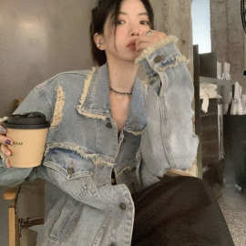 美式复古破洞毛边牛仔外套女春秋新款宽松休闲百搭工装长袖夹克潮