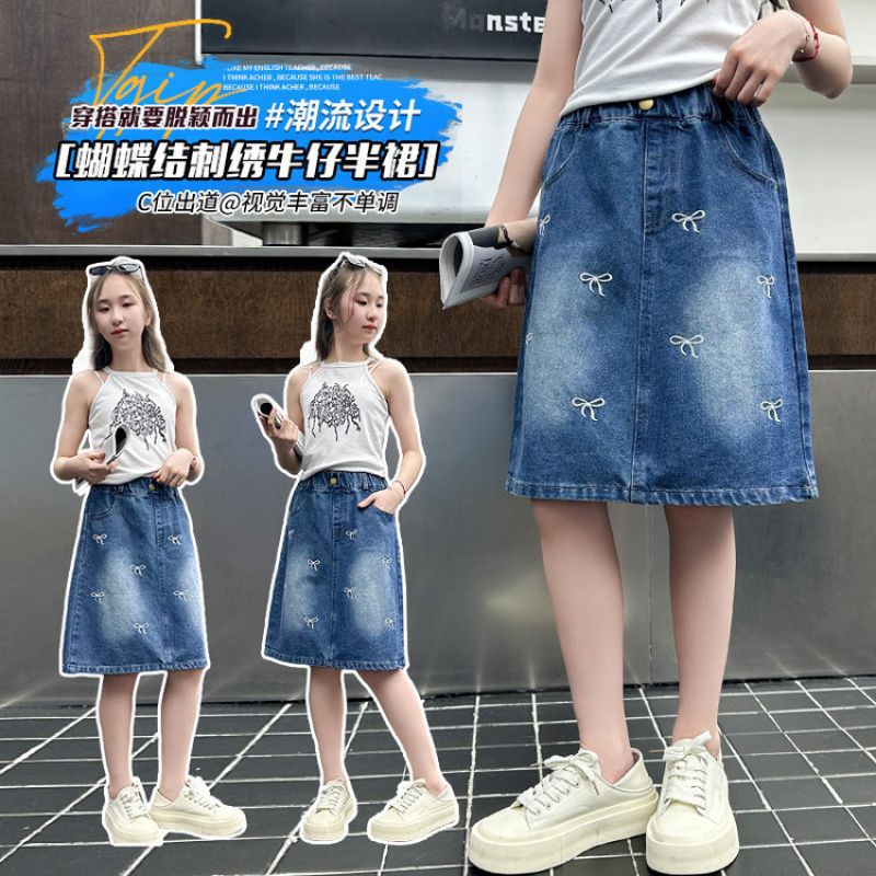 Falda de mezclilla para niñas de gran volumen original de calidad, nueva moda de verano, falda bordada con lazo de todo fósforo