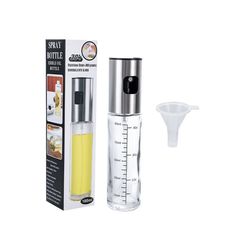 Botella de pulverización de aceite de acero inoxidable, botella de pulverización de cocina a prueba de fugas, botella de aceite de vidrio de 100ml de presión