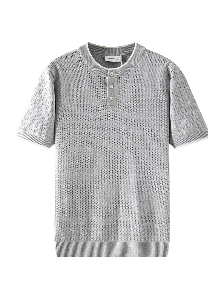 Hombres europeos y americanos huecos Henry cuello camiseta de punto de manga corta verano de negocios casuales transpirables de alto nivel de sensación de blusa versátil