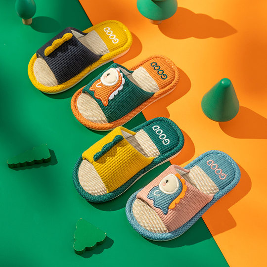 Children's dinosaur linen slippers cute parent-child spring and autumn Four Seasons sweat-absorbent non-slip home home adult summer sandals