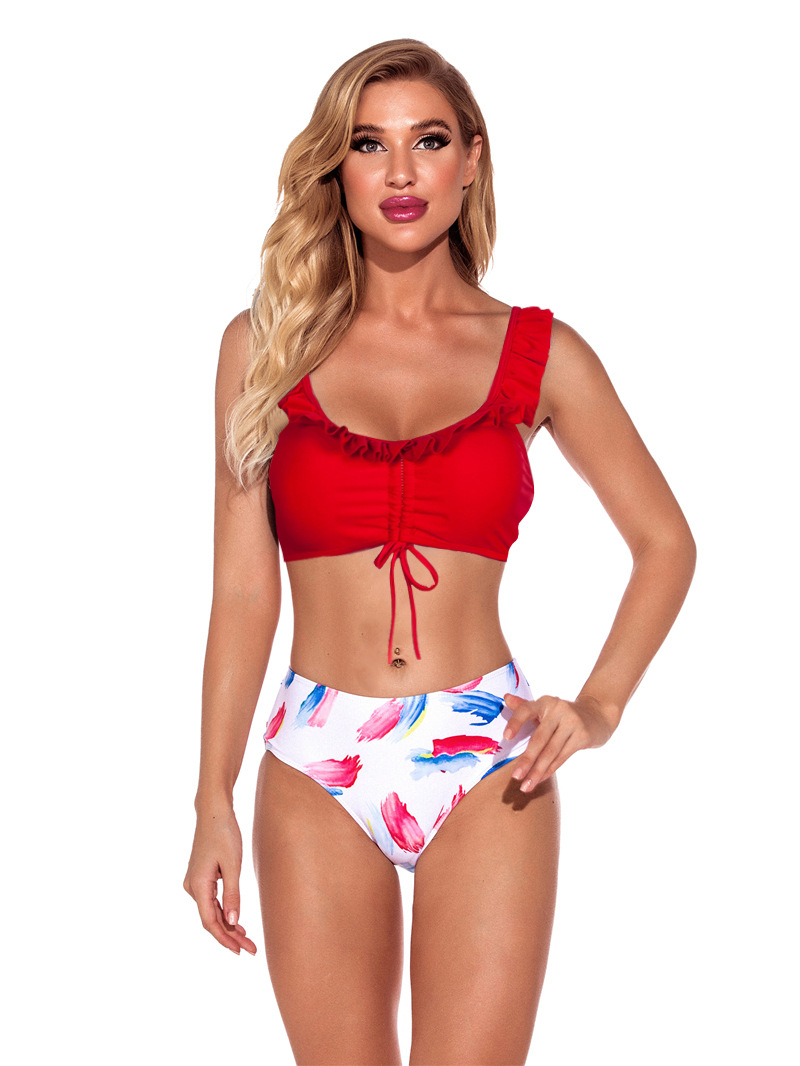 new split high waist flashing three primary colors printed bikini swimsuit  NSHL27980