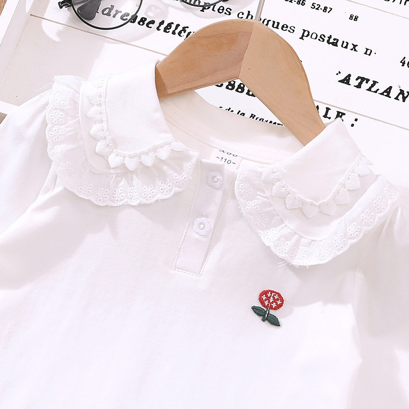 Girl's pullover - versatile pure cotton round neck lace T-shirt, white long-sleeved pullover top