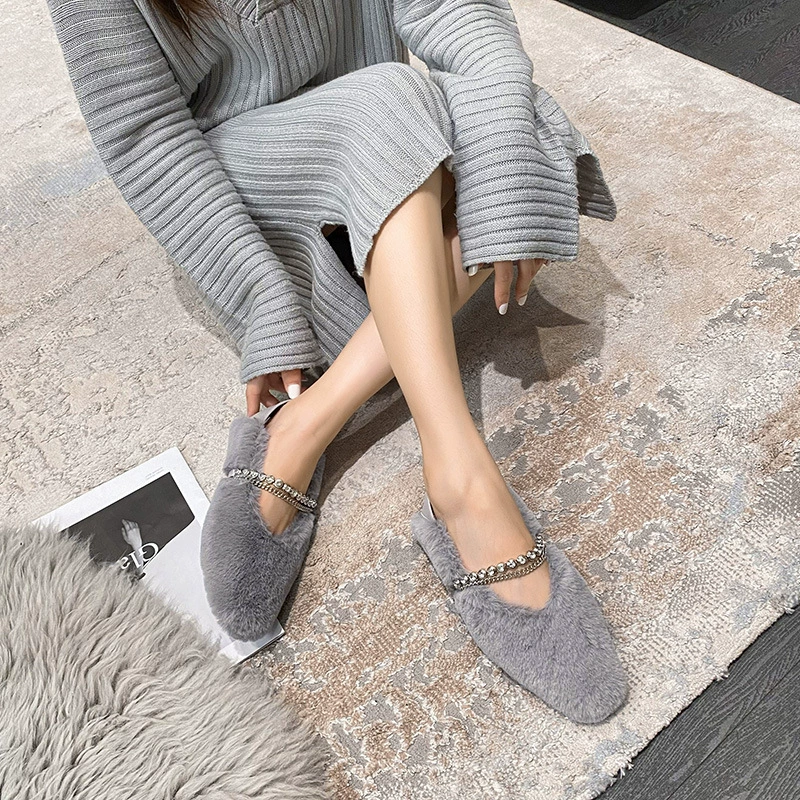 Зимние женские туфли из меха кролика Дуду, модель Мэри Джейн, на флисовой подкладке, большие размеры 41-43, новинка 2025 года.