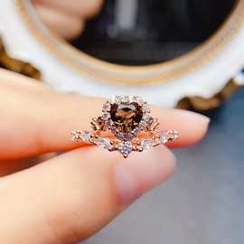 新款天然茶水晶戒指S925银镶嵌主石6*6mm百搭网红爆款女饰批发