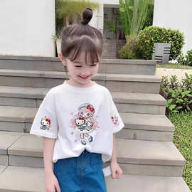 2026新款中小童夏季纯棉休闲女童短袖T恤印花上衣卡通可爱打底衫