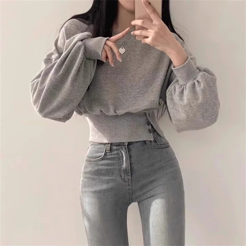 纯棉卫衣女春秋薄款收腰显瘦高腰短款设计感小众无帽圆领长袖上衣|undefined