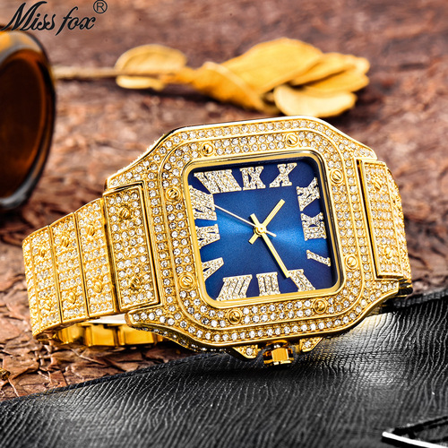 MISSFOX watch European and American Roman scale high-end fashion hip-hop diamond full diamond square men's watch