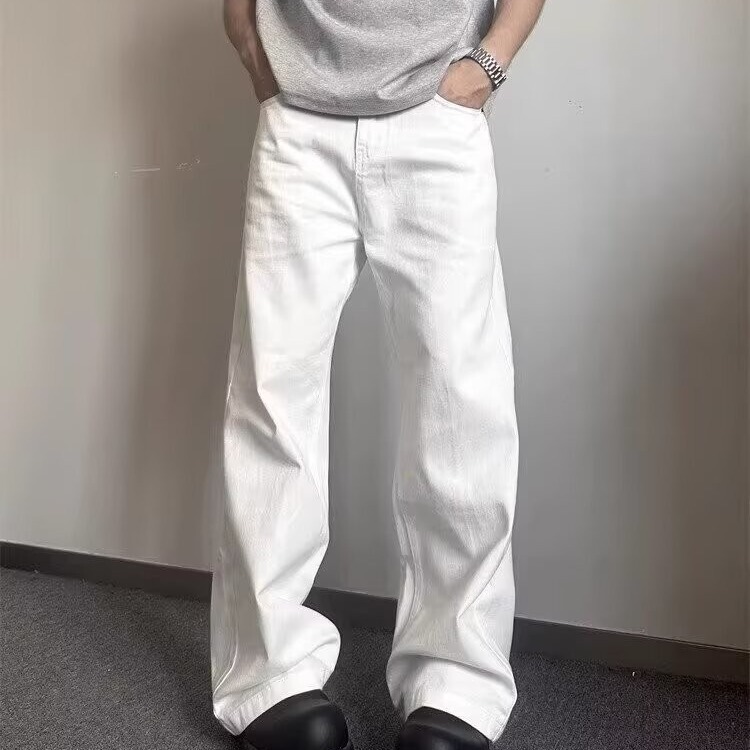 夏季美式高街白色牛仔裤男新款高级感宽松直筒阔腿拖地百搭长裤子|undefined