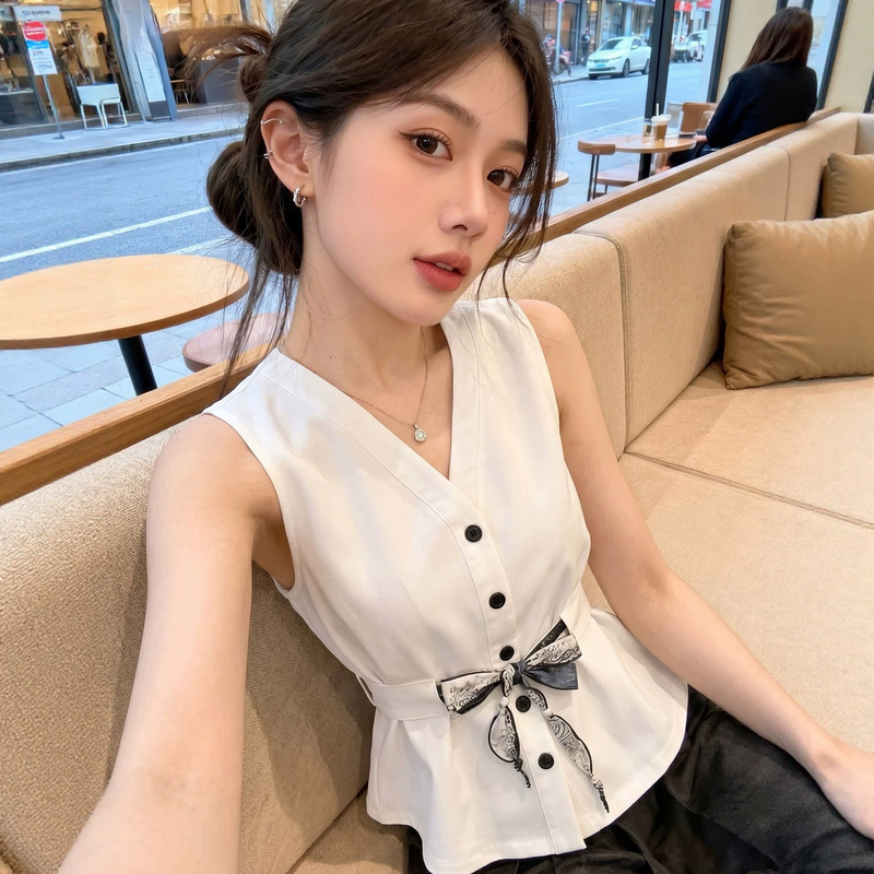 French-Style V-Neck Sleeveless Shirt for Women, 2026 Summer New Fashion with Bowknot Belt, Chic and Versatile Top
