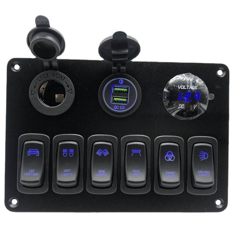 12-24V 6路船形开关面板组合点烟器+USB快充+电压表 组合开关面板