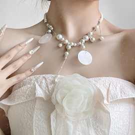 大小珍珠拼接流苏项链圆片贝壳锁骨链渐变串珠小众颈链精致配饰女