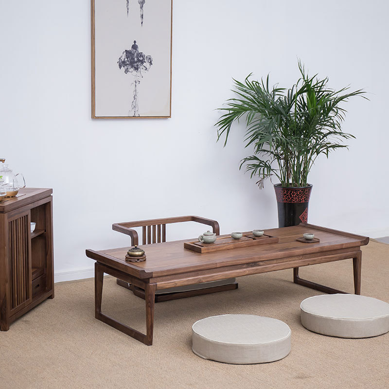 新中式禅意家具老榆木榻榻米矮茶桌日式实木茶几黑胡桃木炕桌炕几