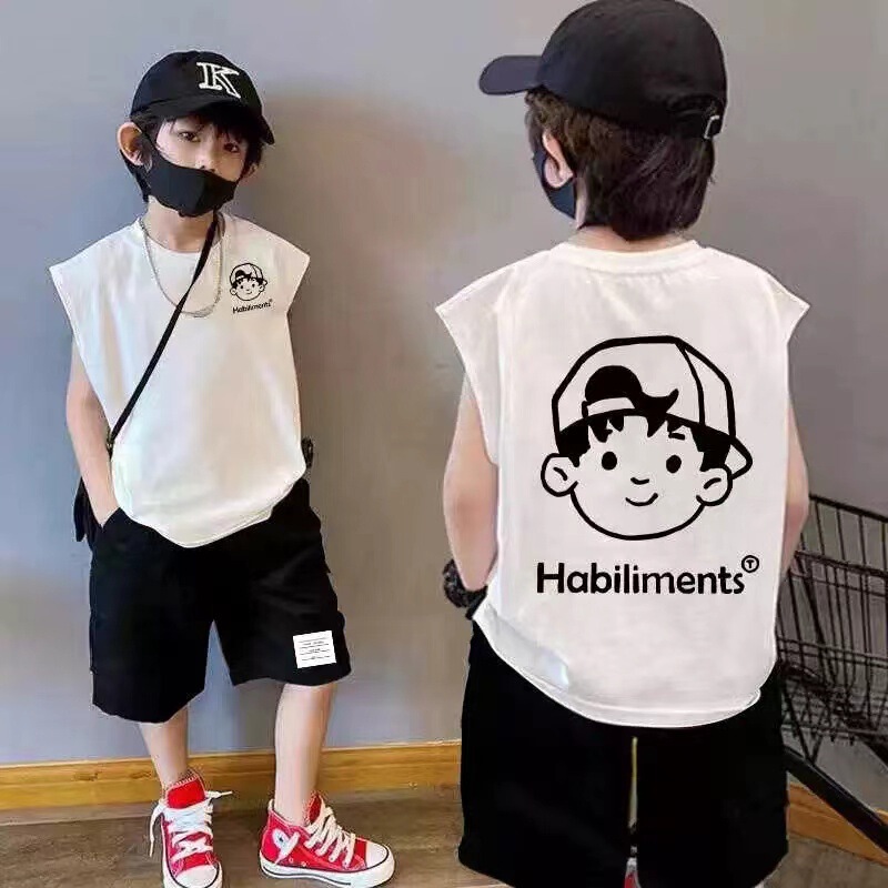 Pure Cotton Comfortable Sleeveless Round Neck T-Shirt for Middle and Big Children Breathable Summer Children's Casual Ware Thin Boys' Top Trendy T-Shirt