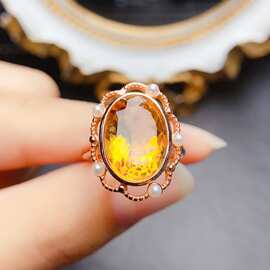 新款天然黄水晶戒指S925银镶嵌主石11*15mm百搭网红爆款女饰批发