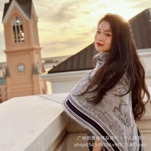 伊茹伊同款双织双面字母真丝羊绒围巾女薄款大方巾140CM披肩外搭