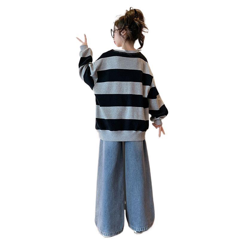 女童秋季宽松卫衣套装洋气2025条纹长袖新款大童女孩牛仔裤两件套|undefined