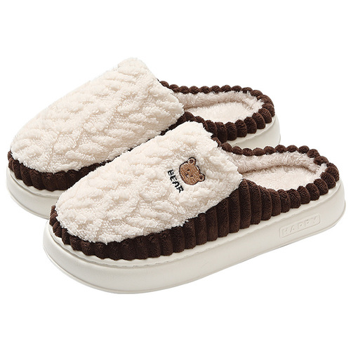 Home cotton slippers for women's winter cartoon bear cute fur slippers for men's winter bedroom non-slip fur slippers for men