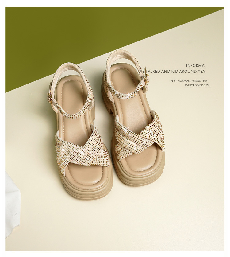 Sandal nữ đế dày đính đá phong cách La Mã, đế mềm tăng chiều cao — Màu đen chi tiết 22