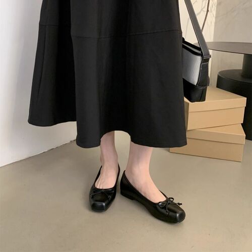 Square-toe small leather shoes, shallow mouth, bean-like shoes, 2025 new spring and autumn, gentle butterfly knot, ballerina shoes, women's single shoes