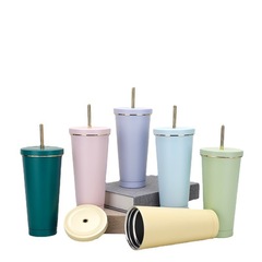 Cross-border new 304 stainless steel gold edge lid straw cup large capacity portable on-the-go cup fashionable gift coffee cup