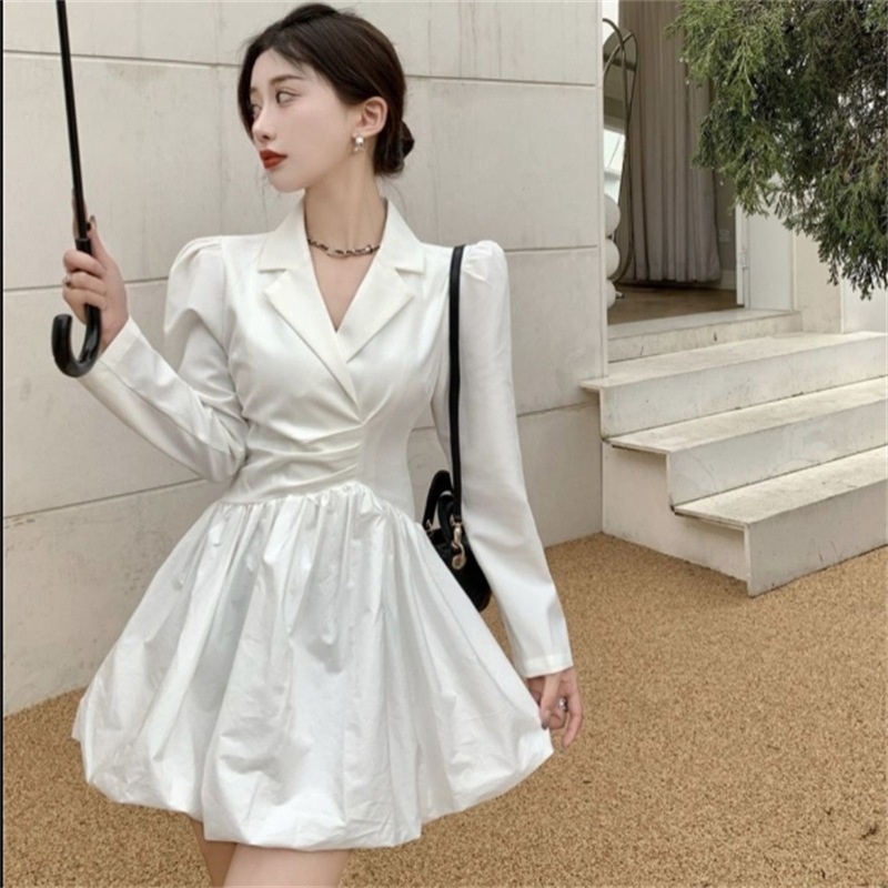 设计感小众白色西装连衣裙女2025新款春季收腰显瘦气质长袖短裙子|undefined
