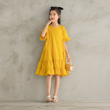 童装新款2021夏儿童时髦公主裙儿童黄色连衣裙纯色可爱袖公主裙