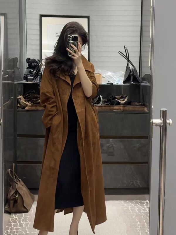 Autumn New Style Suede Long Coat with a Relaxed Shoulder and a Suit Collar Trench Coat in a Luxurious Old Money Style Autumn New Style Suede Long Coat with a Relaxed Shoulder and a Suit Collar Trench Coat in a Luxurious Old Money Style