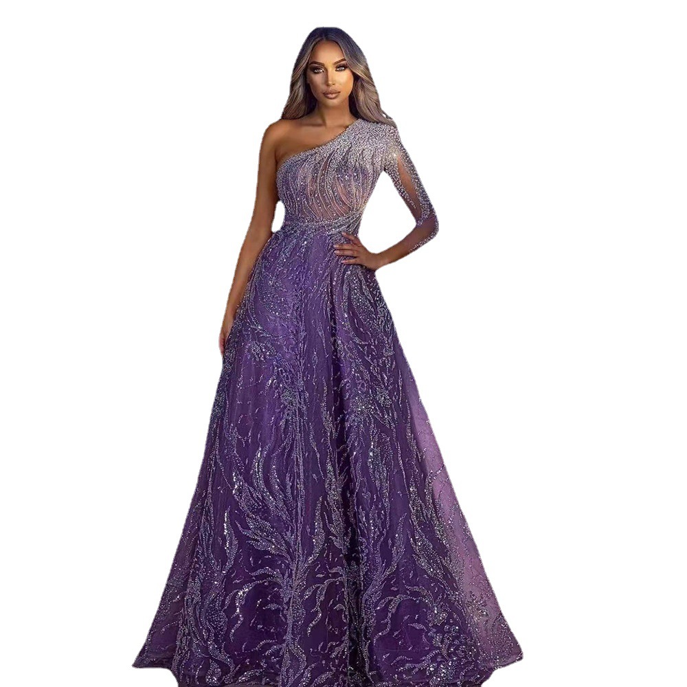 2025 nuevo vestido de noche de primavera y verano europeo y americano para mujer con lentejuelas, manga abierta, abertura, vestido ajustado, falda larga.
