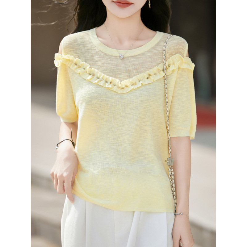 Knitted summer sweater with a round collar