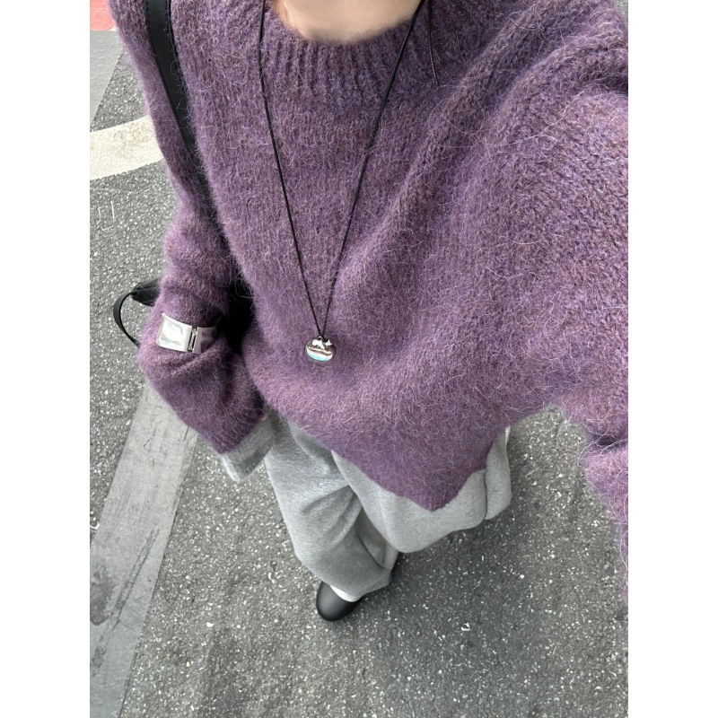 法式慵懒风紫色浣熊绒毛衣女秋冬宽松软糯奶呼呼套头针织复古上衣|undefined