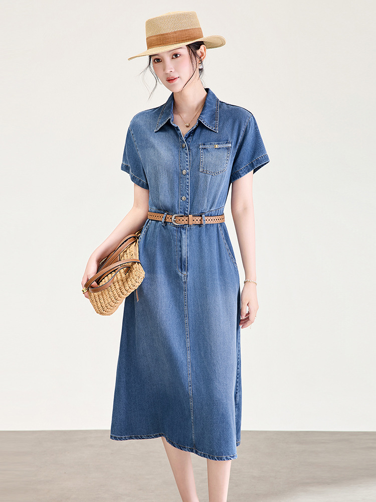 Váy denim nữ cạp cao dáng chữ A tay ngắn mùa hè — Cao bồi xanh