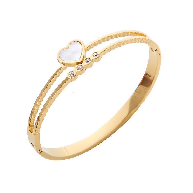 24g Weight Rhinestones, Shell Inlay Material Casual Simple Style Heart Shape Stainless Steel Plating Inlay Rhinestones Shell Bangle